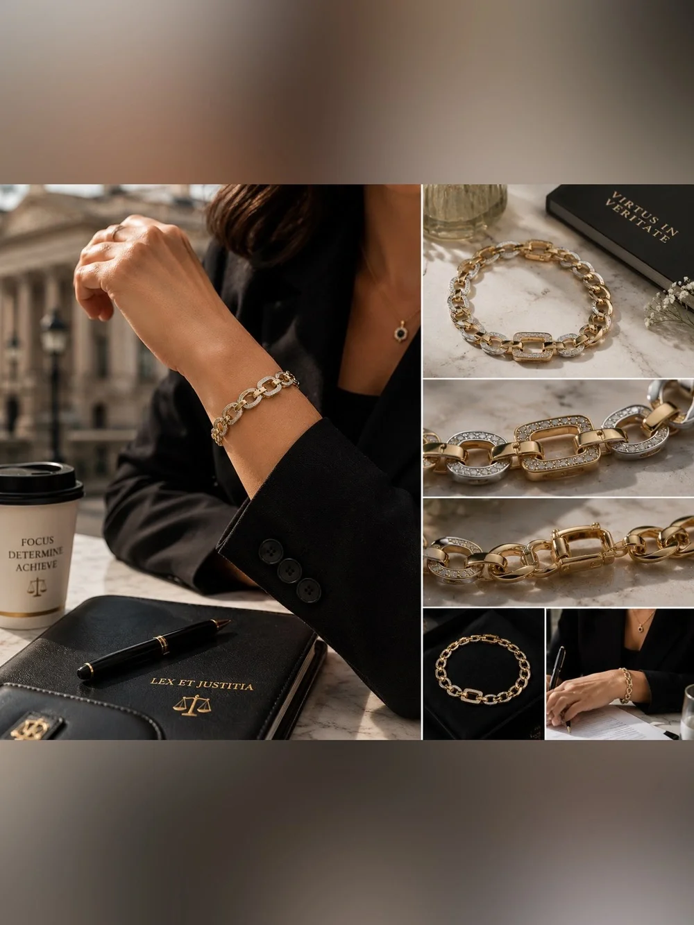 Laminated Gold Link Chain Bracelet with Pavé Accents - Women